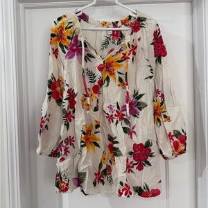 Old Navy Cream Floral Tie-Front Peasant Blouse